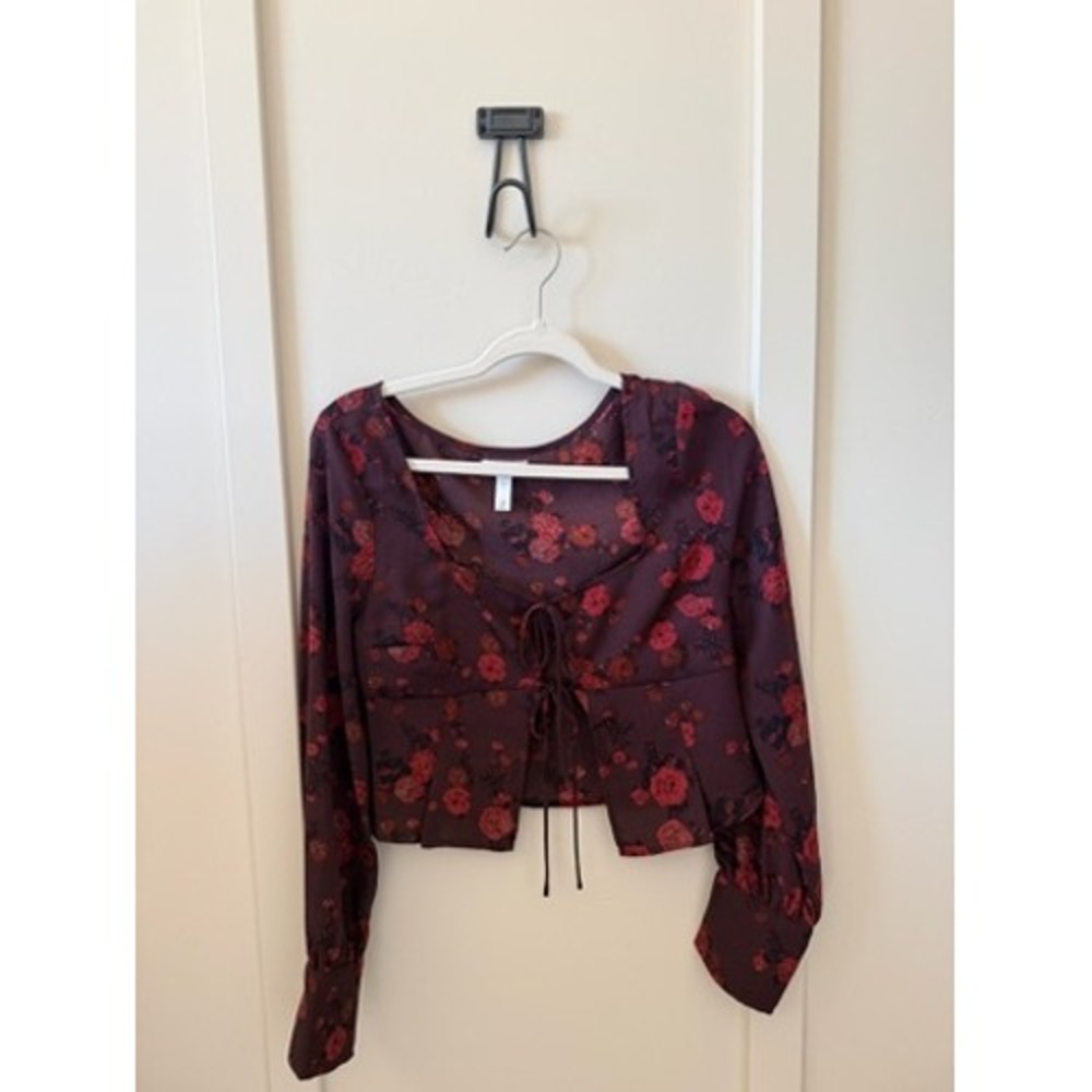 Y2K Leith Womens Floral Tie Front Crop Top Burgundy Red Long Sleeve Square S